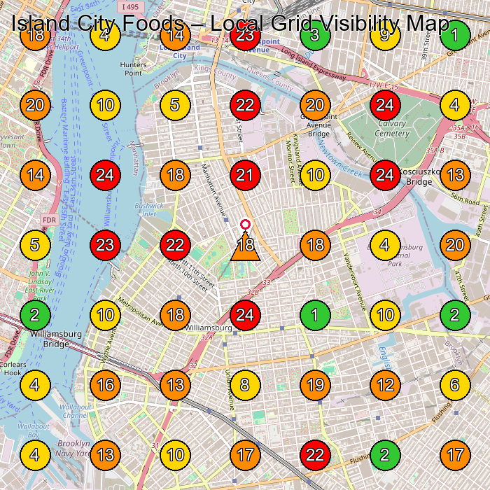 Island City Foods Food Manufacturer GeoGrid ranking map for Brooklyn NY
